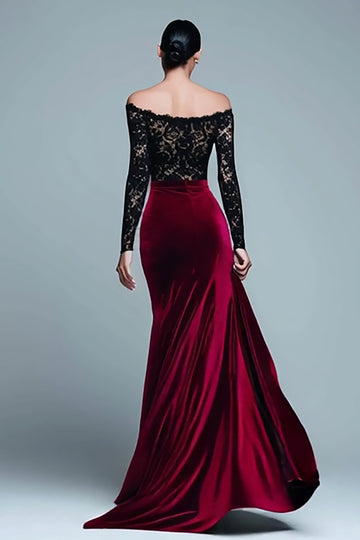Black and Burgundy Off The Shoulder Velvet Long Sleeves Formal Dress with Lace